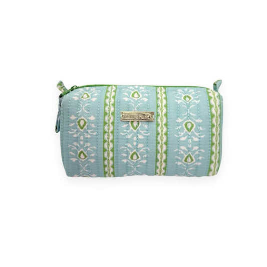 blue rosemary stripe laura park cosmetic bag with green floral accents and stripes quilted cosmetic bag with a durable zipper. 