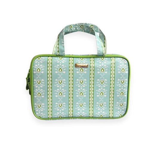 Laura Park Rosemary Blue Striped Floral travel case wiht green zipper and two patterned handle straps on a white background. 