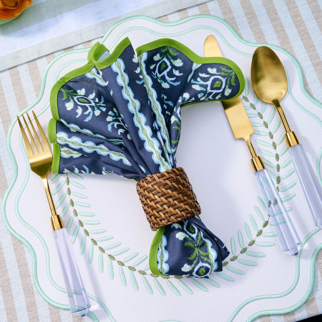 Laura Park Rosemary Stripe Indigo scalloped dinner napkins — floral stripe in indigo signature print home and lifestyle product.