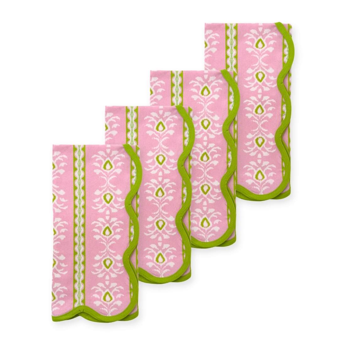 Set of four pink, green, and white flloral and striped hand painted design on scalloped dinner napkins in Rosemary Stripe Pink by Laura Park as part of the Cotswold collection. 