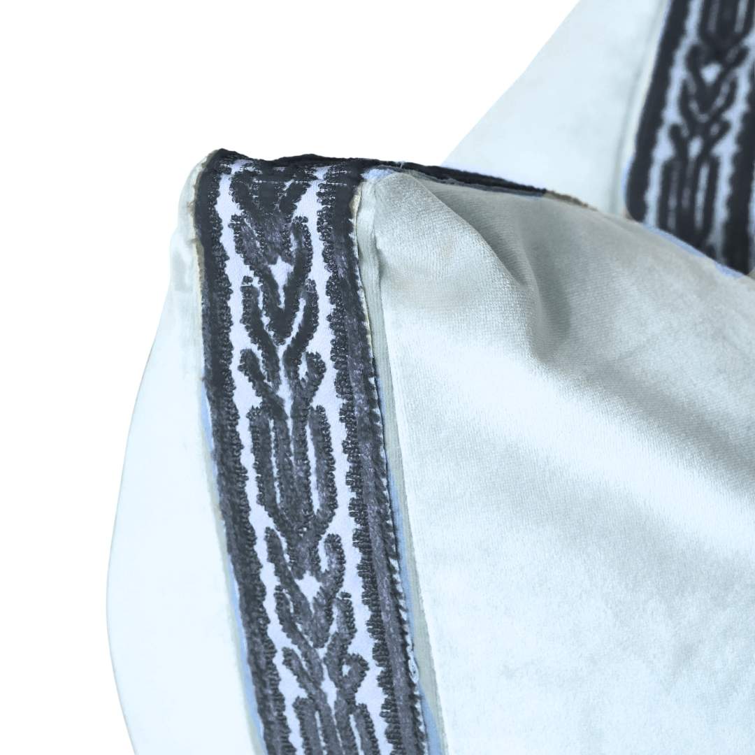 Light Blue Velvet Pillow with Navy Embroidery by Laura Park — signature print home and lifestyle product.
