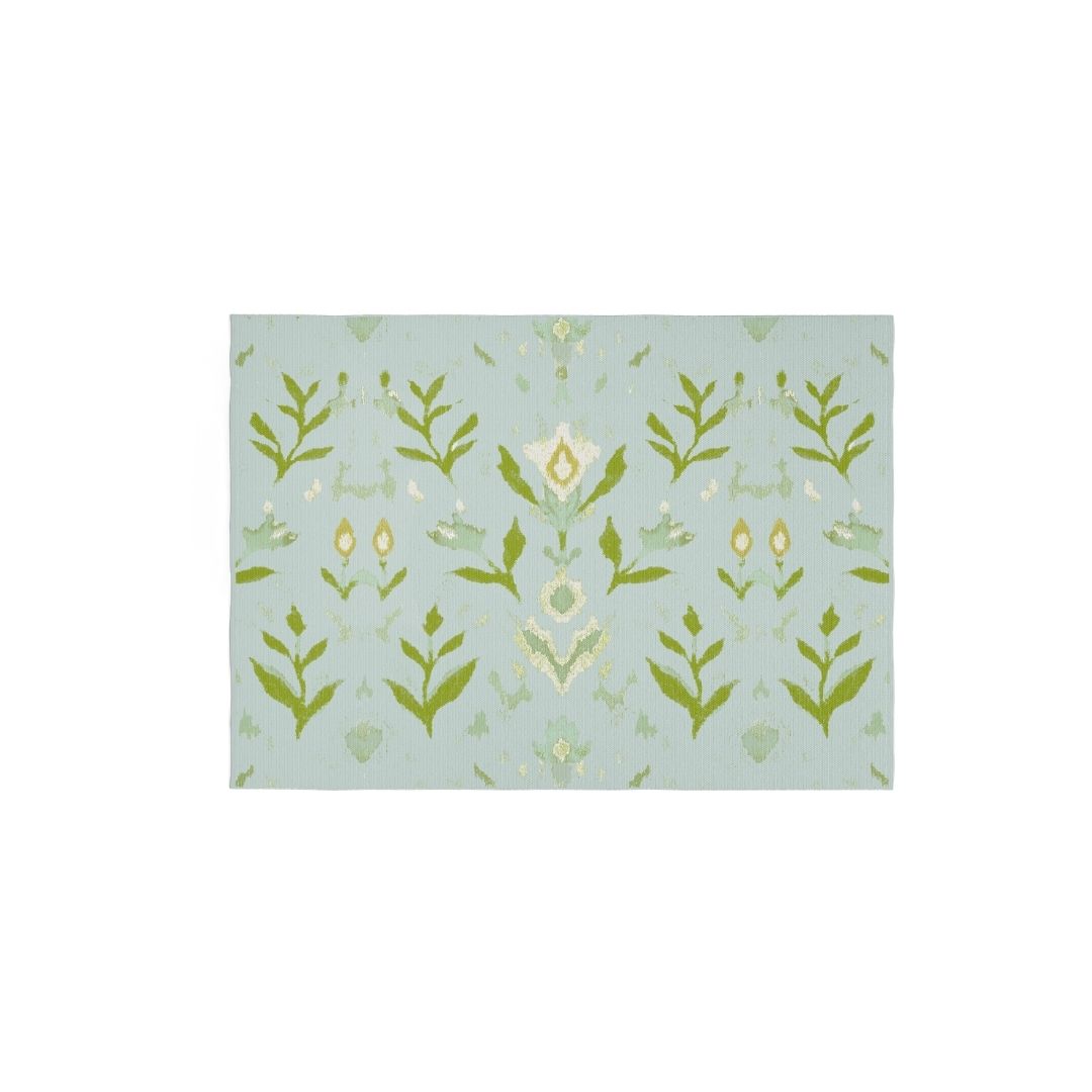 Laura Park's Signature painted pattern, petal garden aqua on a floor mat rug for indoor use in kitchen, bathroom, entry room, mud room, bedroom. 