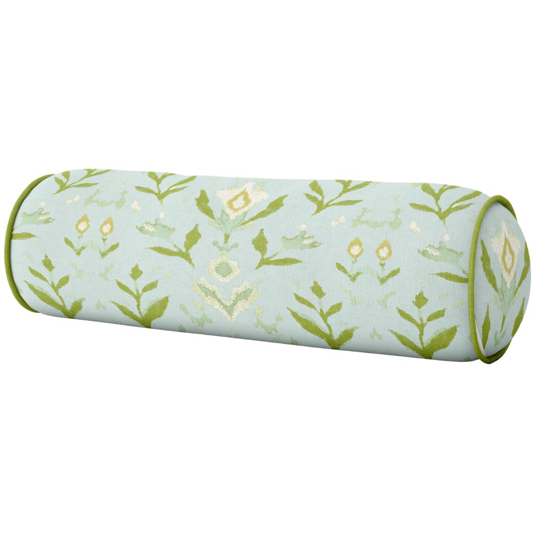 Round bolster pillow for living rooms, guest rooms, dorms, or bedrooms with Laura Park's Petal Garden Aqua, a hand painted design with blue, olive, and cream motifs with a green embroidered border. 