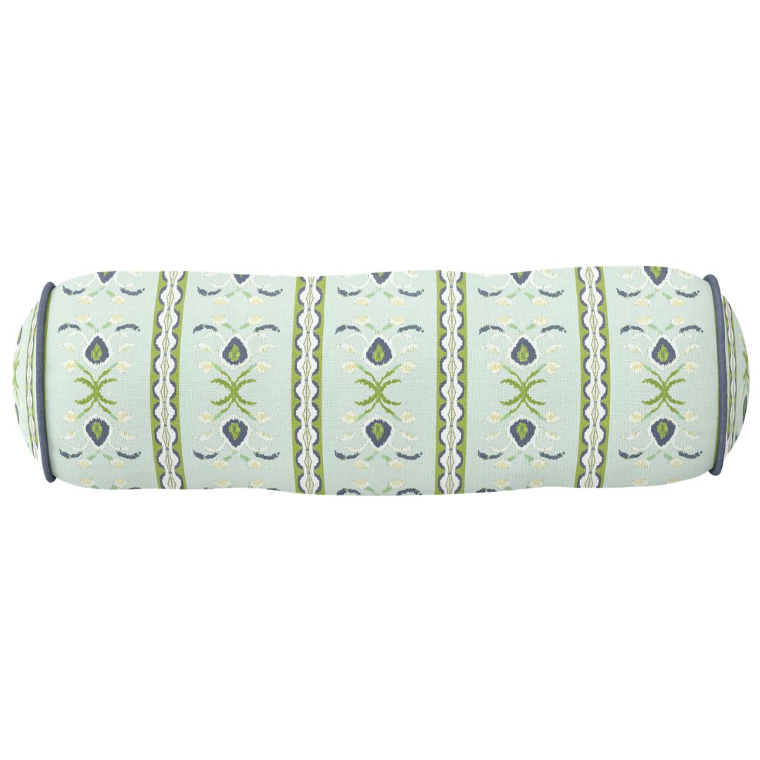 Rosemary Stripe Lagoon with Navy Piping Round Bolster Pillow — Laura Park signature print lifestyle and home decor