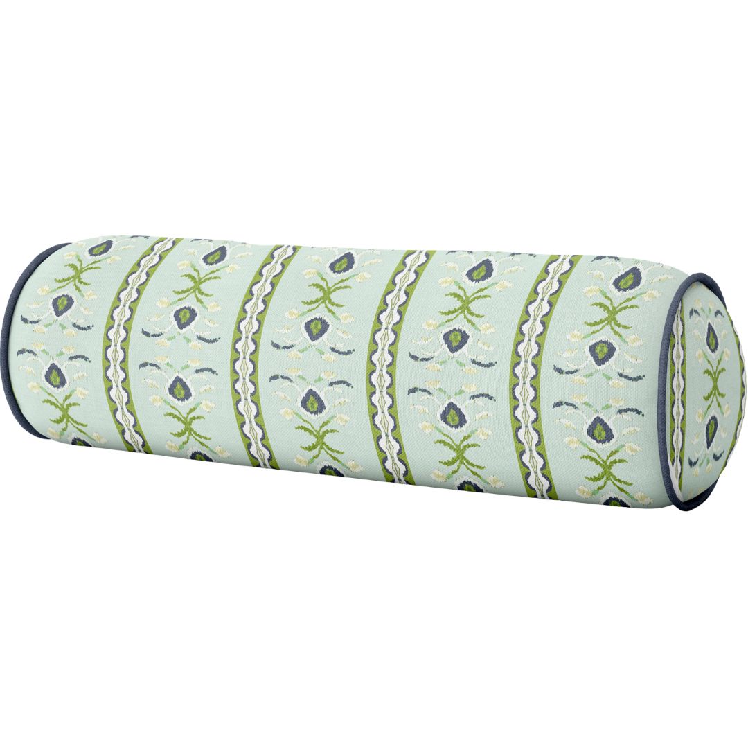 Rosemary Stripe Lagoon with Navy Piping Round Bolster Pillow by Laura Park — living room, bedroom, and sofa.