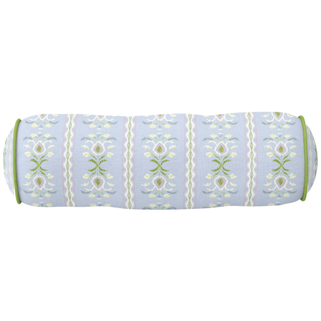 Rosemary Stripe Lavender with Green Piping Round Bolster Pillow by Laura Park — signature print home and lifestyle product.