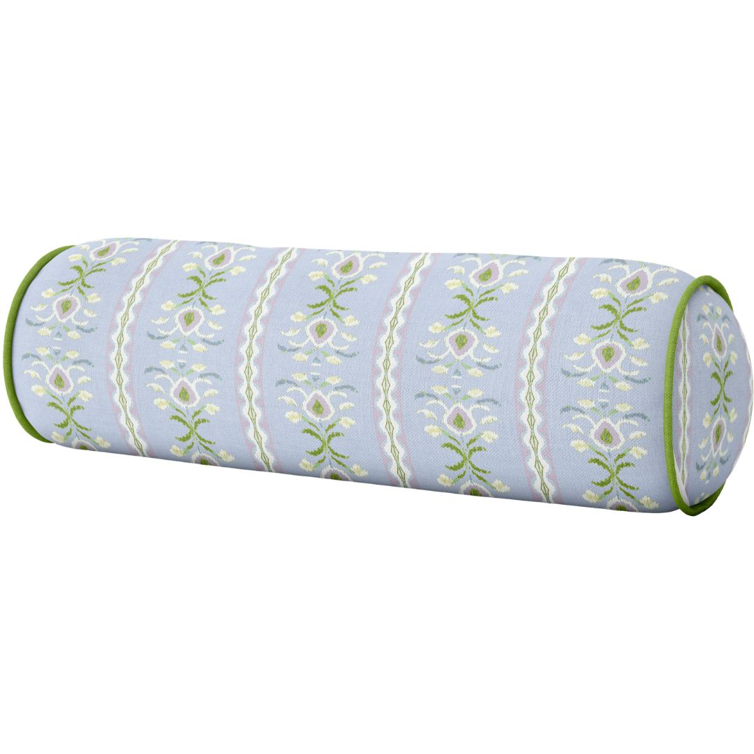 Rosemary Stripe Lavender with Green Piping Round Bolster Pillow by Laura Park — living room, bedroom, and sofa.