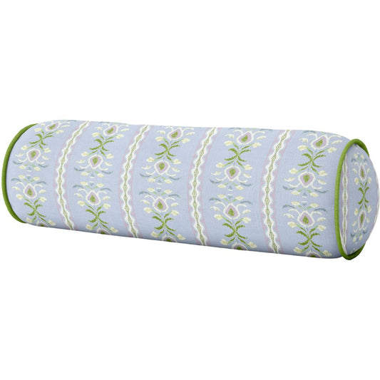 Rosemary Stripe Lavender with Green Piping Round Bolster Pillow by Laura Park — living room, bedroom, and sofa.