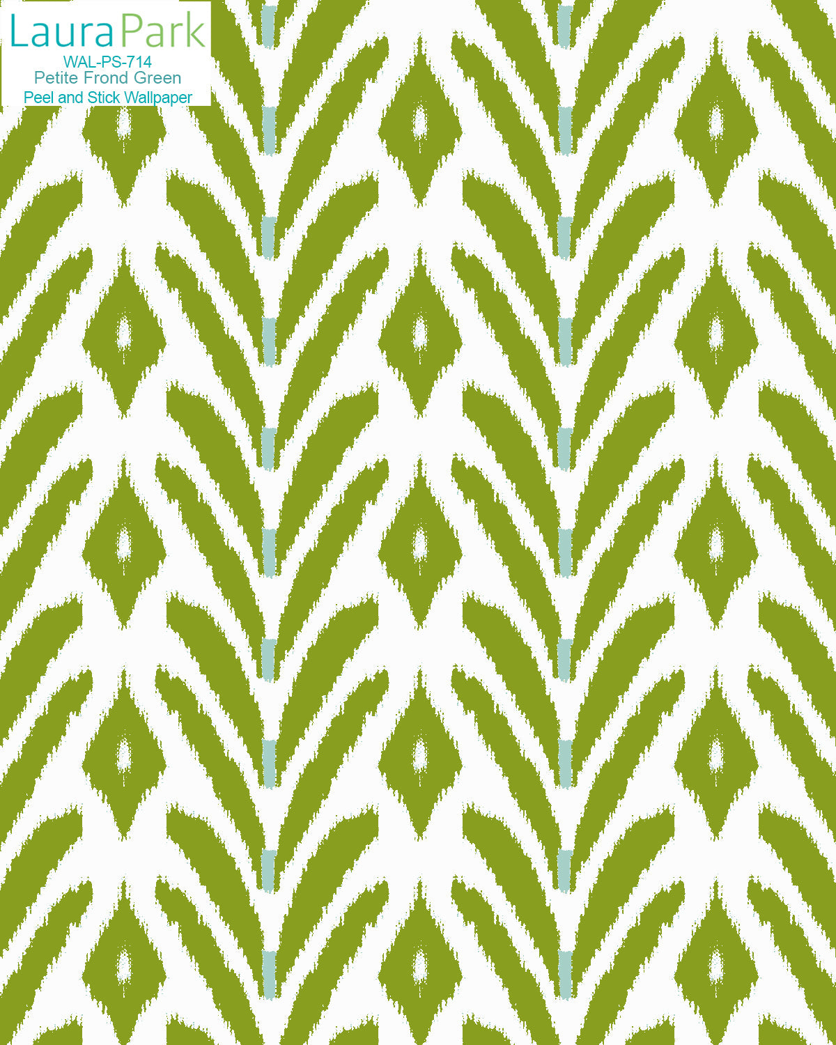 Laura Park Potter Fired Green patterned peel and stick wallpaper featuring a repeating vertical ikat-style green and white design.