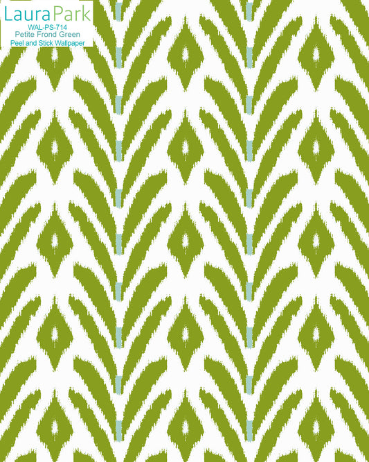 Laura Park Potter Fired Green patterned peel and stick wallpaper featuring a repeating vertical ikat-style green and white design.