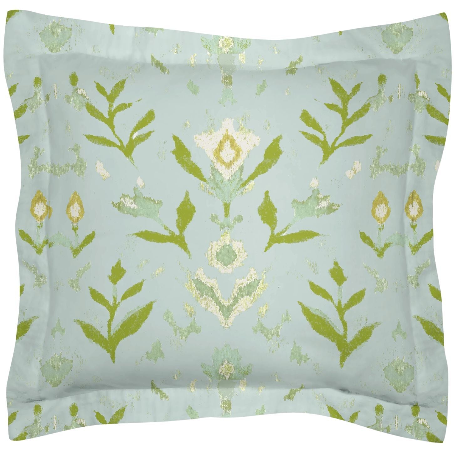 Petal Garden Aqua pillow shams by Laura Park Designs with green hand painted leaf pattern on a light blue background to style in your bedroom, living room, guest room, or dorm room. 