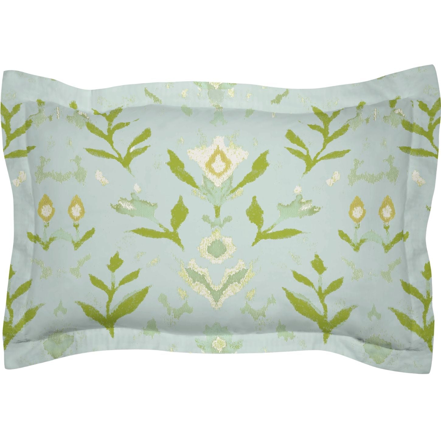 Petal Garden Aqua pillow shams by Laura Park Designs with green hand painted leaf pattern on a light blue background to style in your bedroom, living room, guest room, or dorm room. 