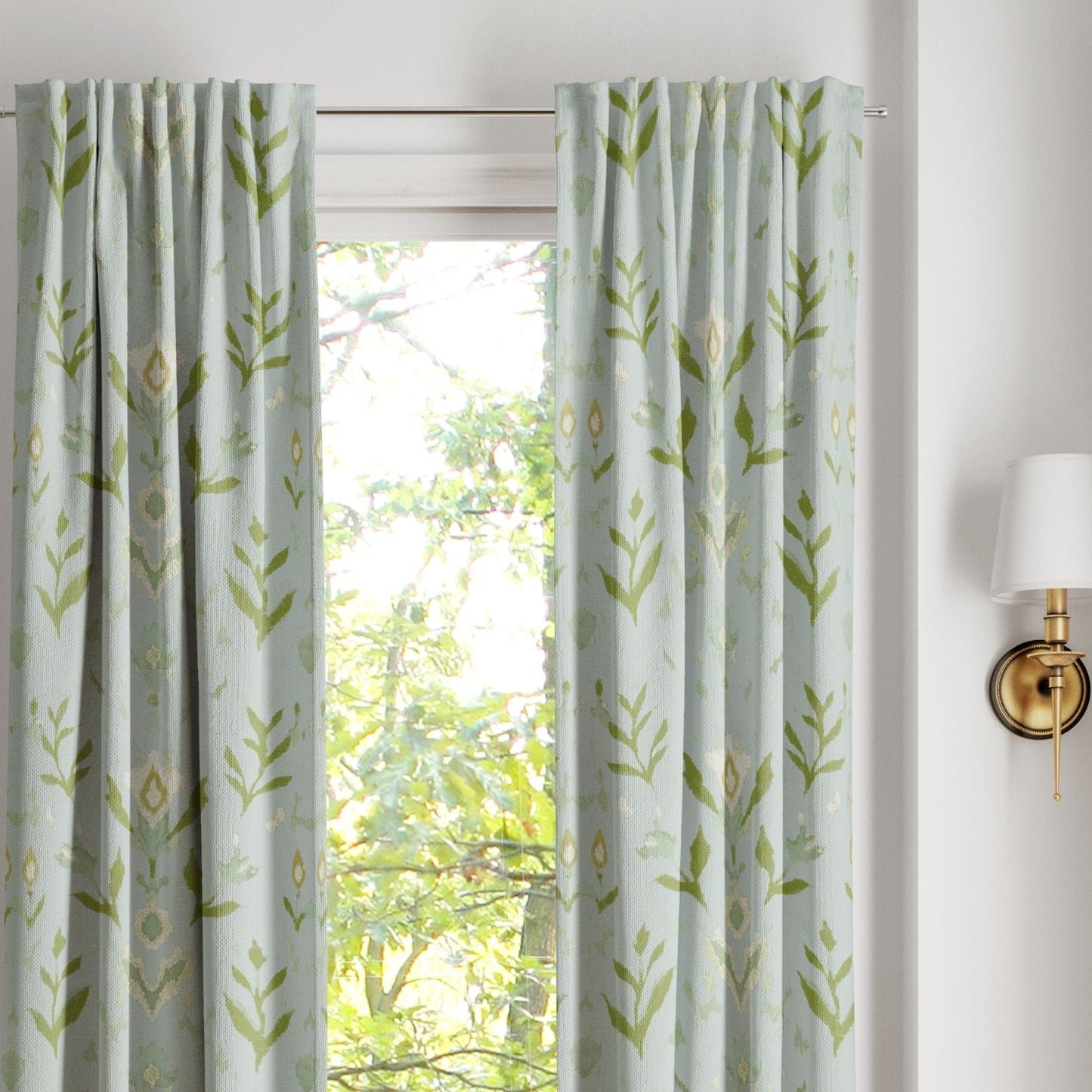 Laura Park Petal Garden Aqua curtain panel in floral motifs on a solid aqua background — dorm room essentials and home decor