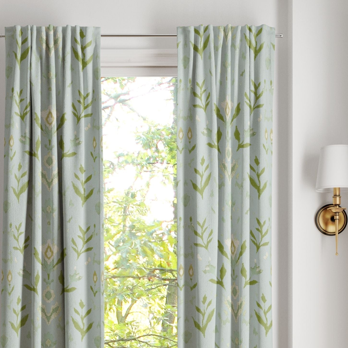 Laura Park Petal Garden Aqua curtain panel in floral motifs on a solid aqua background — dorm room essentials and home decor